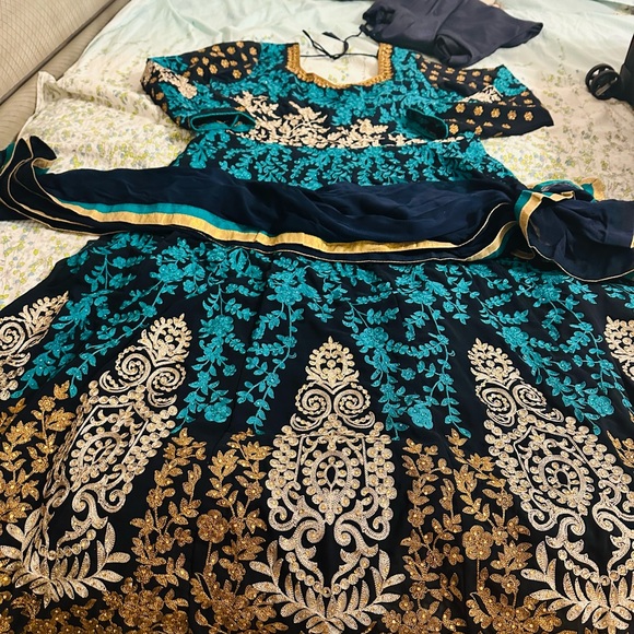 Elegant Blue and Gold Embroidered anarkali Dress - Picture 1 of 12